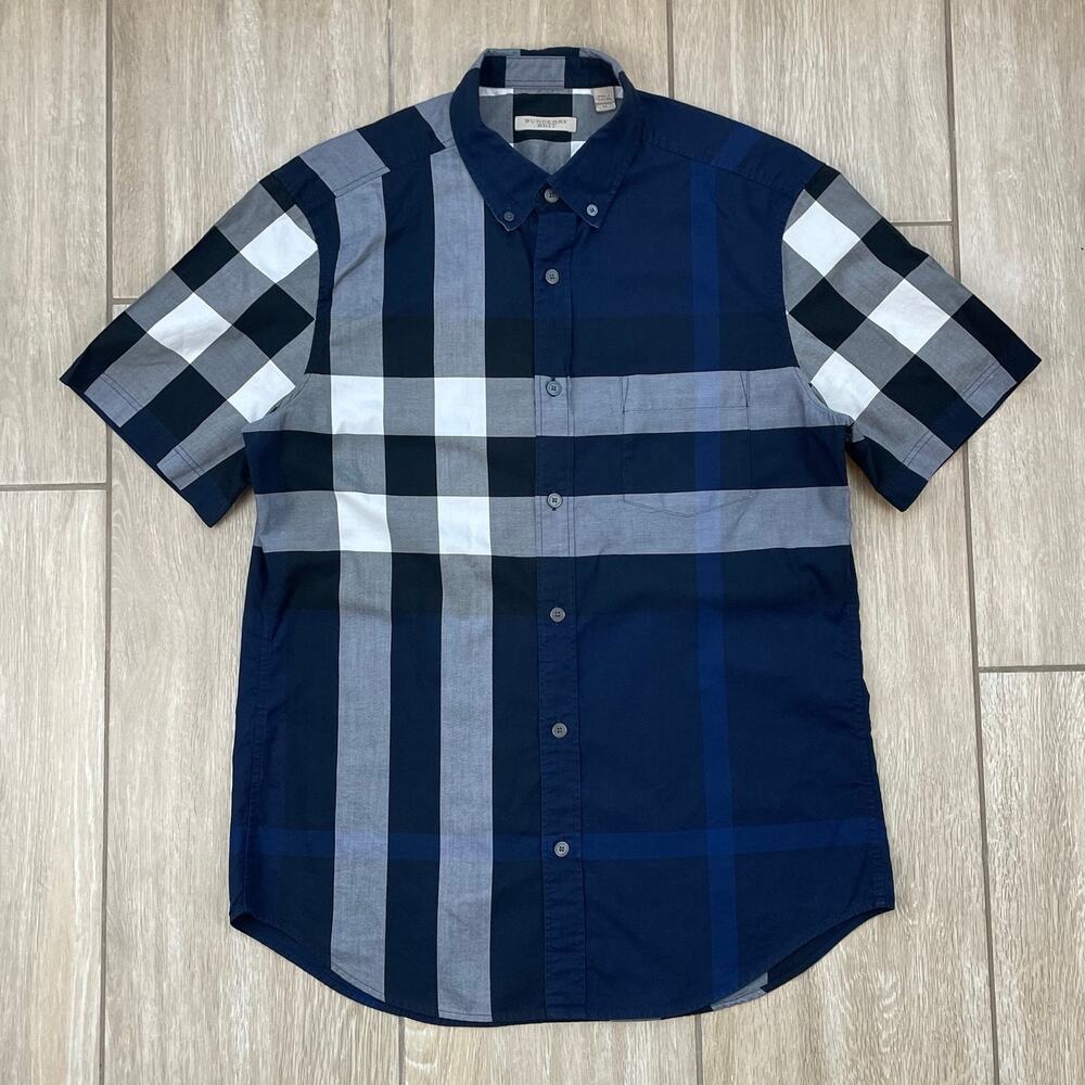 Burberry Brit Navy Exploded Check Short Sleeve Button Down Cotton Shirt M